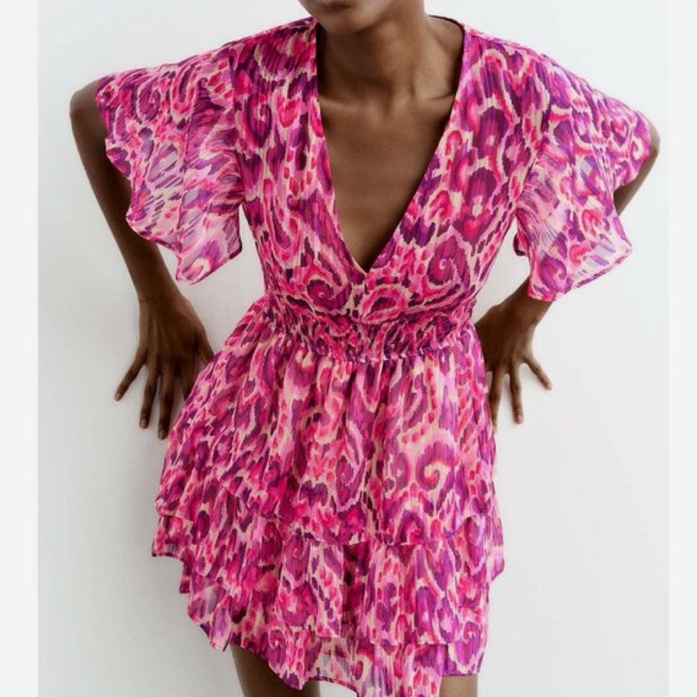 Zara Pink & Red Tiered V-Neck Dress - NWT